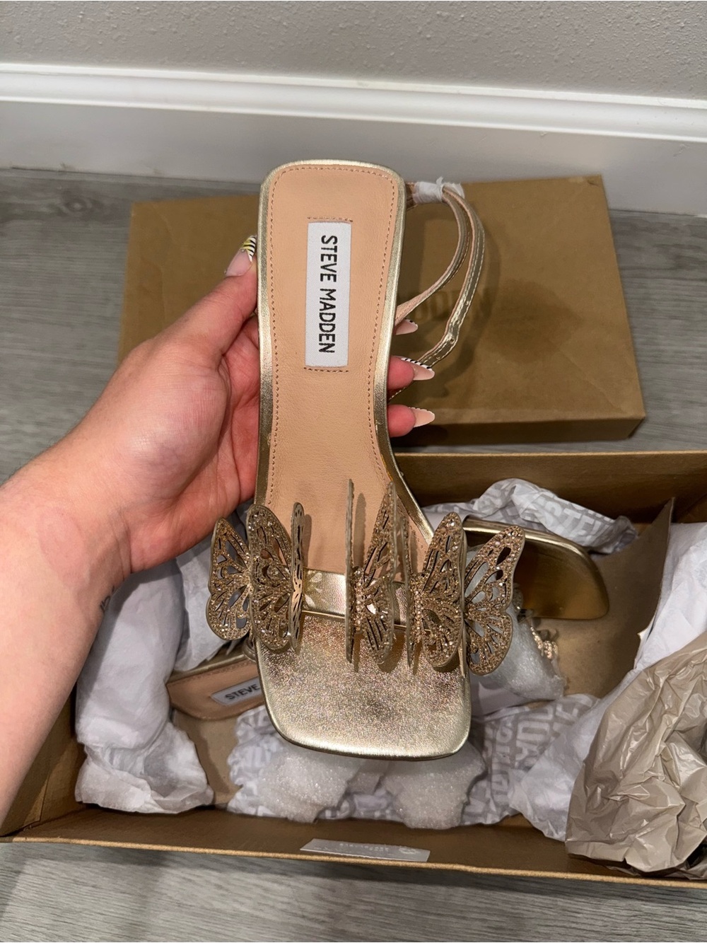 Steve Madden Metallic Gold Butterfly Strap Heels